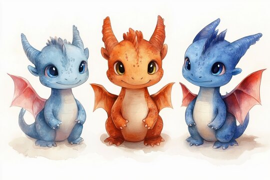 three adorable baby dragons standing side by side with friendly curious expressions, orange center flanked by two blue siblings in watercolor cartoon style