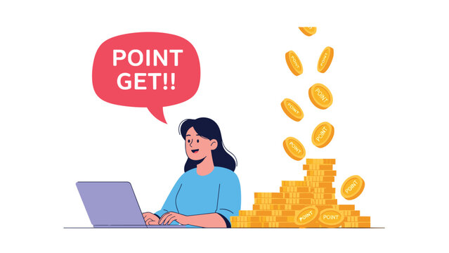 Happy woman using a laptop with gold coins falling into a large pile and a point get speech bubble indicating reward.