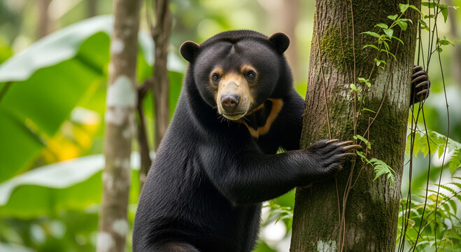 A black sun bear with a distinct yellow chest mark climbing a mossy tree trunk in a tropical rainforest