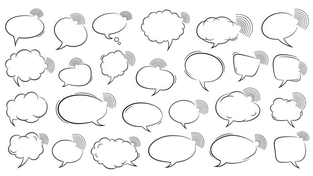 Collection of blank hand drawn speech bubbles with radio wave signal icons representing communication and broadcasting.
