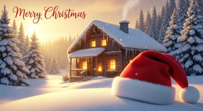 A cozy cabin in the snow with a Santa hat on the roof, surrounded by snowy trees and a warm yellow sunset sky.