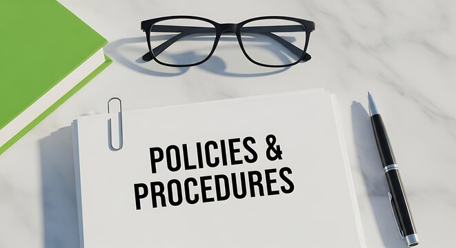Business policies and procedures notebook on office desk