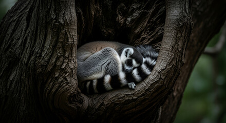 Fototapeta premium A ring-tailed lemur curled up and resting comfortably inside a hollow tree trunk in a shaded forest area
