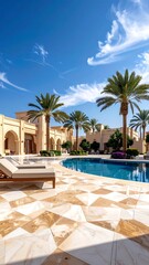 Obraz premium A serene poolside scene with palm trees and lounge chairs
