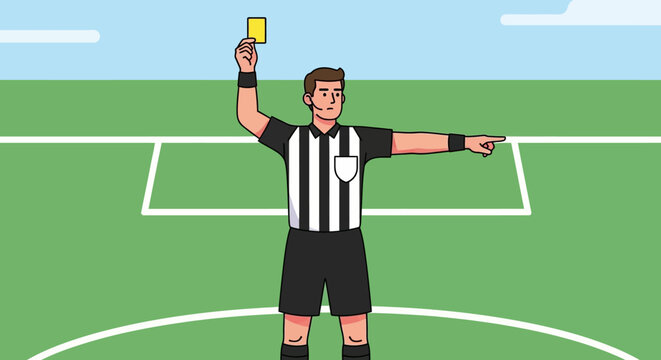 Referee holding yellow card on field.