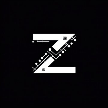 Bold white letter Z with circuit-like lines, nodes and small squares on a black background, sleek futuristic design evoking precision and innovation