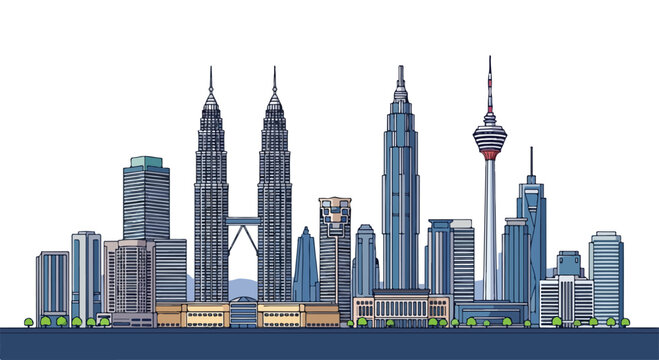 Illustration of the Kuala Lumpur city skyline with modern skyscrapers and towers against a white background.