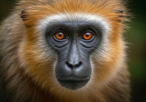Close-up portrait of a monkey with striking orange eyes and golden fur