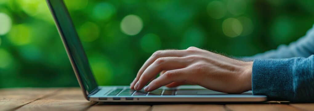 Person's hands typing on a laptop keyboard at an outdoor wooden table, working remotely with lush green background bokeh