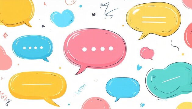 Kolorowe dymki dialogowe i czatu na białym tle, symbolizujące komunikację online, interakcję i media społecznościowe.