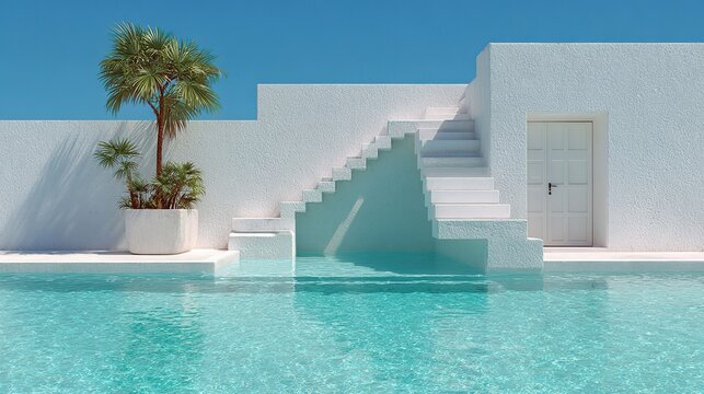 Dise&ntilde;o minimalista de piscina con reflejos cristalinos y elegante sombra de palmera proyectada sobre agua turquesa.
