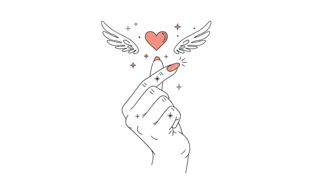 Hand making a finger heart gesture with a pink winged heart and sparkles representing love and Korean pop culture.