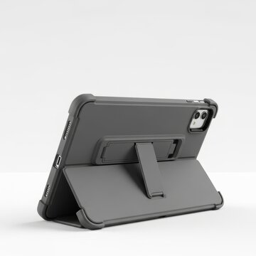 Gray tablet protective case with integrated kickstand on white background