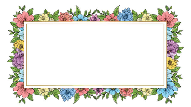 Decorative rectangular frame embellished with a variety of colorful garden flowers and green leaves on a white background.
