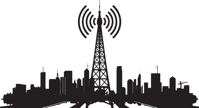 Silhouette of a large telecommunications tower emitting radio waves over a city skyline Vector, illustration