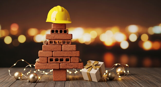Holiday cheer with a unique Christmas tree constructed from bricks and adorned with festive lights and a gift box, creating a charming and unexpected seasonal scene