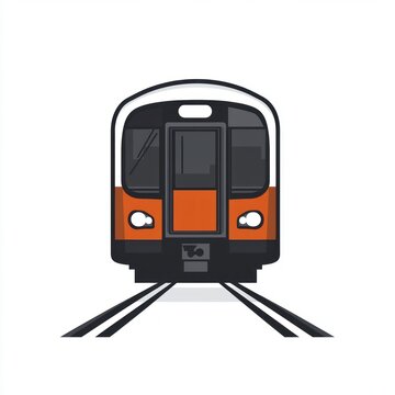 front-facing orange and white commuter train on rails, stylized vector illustration conveying dynamic forward motion and modern urban transit