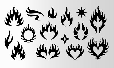 Naklejka premium Black neo tribal Y2K fire flame set collection with burning hearts, stars and silhouettes isolated on white, perfect for tattoo, sticker, streetwear print and gothic design