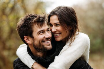 Fototapeta premium Portrait young, joyful couple sharing a tender moment, smiling brightly while embracing, hugging each other affectionately during a playful piggyback ride outdoors on a pleasant day in nature