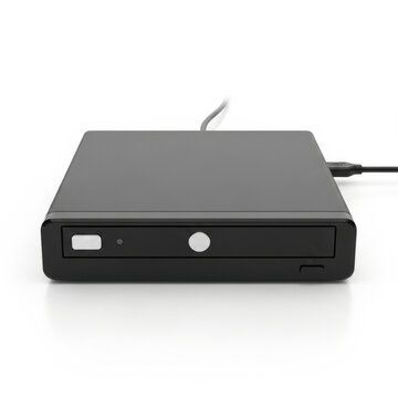 Black external cd dvd optical drive with usb cable, isolated on white
