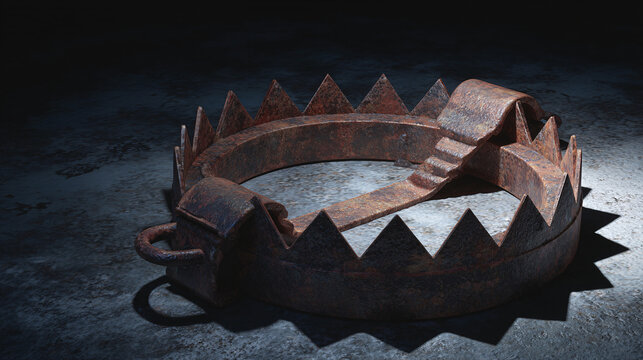 Rusty metal spiked wheel trap in outdoor ground with shadow and water