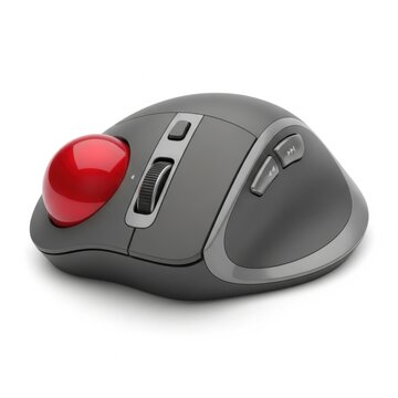 Ergonomic dark gray computer trackball mouse with a large red ball