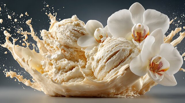 Explosi&oacute;n de vainilla cremosa con orqu&iacute;dea blanca capturando movimiento din&aacute;mico de postre l&iacute;quido en fotograf&iacute;a de alta velocidad. 