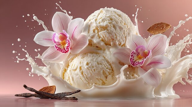 Explosi&oacute;n de vainilla cremosa con orqu&iacute;dea blanca capturando movimiento din&aacute;mico de postre l&iacute;quido en fotograf&iacute;a de alta velocidad. 