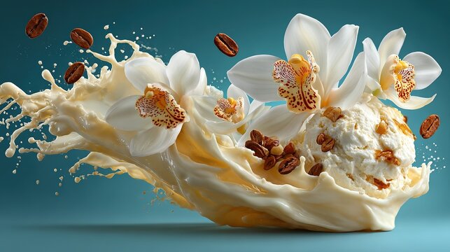 Explosi&oacute;n de vainilla cremosa con orqu&iacute;dea blanca capturando movimiento din&aacute;mico de postre l&iacute;quido en fotograf&iacute;a de alta velocidad. 