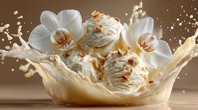 Explosi&oacute;n de vainilla cremosa con orqu&iacute;dea blanca capturando movimiento din&aacute;mico de postre l&iacute;quido en fotograf&iacute;a de alta velocidad. 