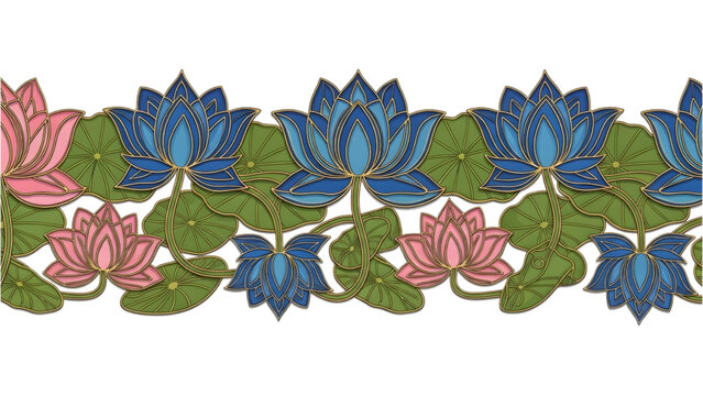 Traditional Sri Lankan Lotus Flower Border Seamless Vector Pattern &ndash; Cultural Ornament Design in Vibrant Natural Colors on White Background