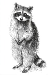 Naklejka premium Black and white engraving of raccoon standing upright detailed wildlife animal nature cute pose
