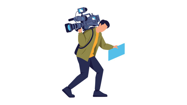 Professional cameraman carrying a large video camera on his shoulder walks forward while holding a blue sheet of paper.