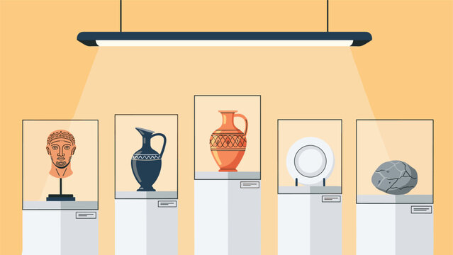 Museum gallery showcases ancient artifacts including a marble bust, pottery vases, and a plate under bright spotlights in glass cases.