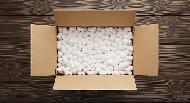 Open cardboard box with protective white packing peanuts on a dark wood grain surface