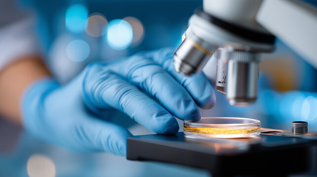 Steady hands guide the microscope in a vibrant lab environment during a scientific exploration Generative AI