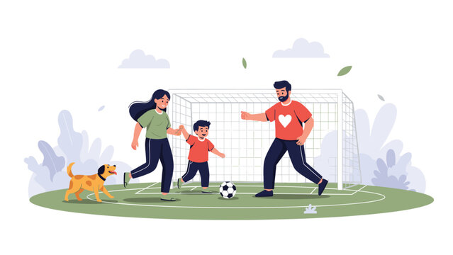 Happy family including a mother, father, and young son play a fun game of soccer on a green field with their excited pet dog running alongside them.