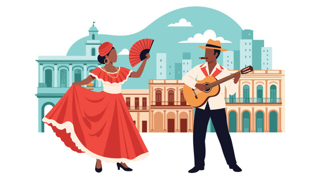 Talented dancers and musicians perform traditional cuban music and dance in a colorful city square surrounded by beautiful historic colonial buildings.