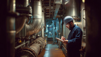 Obraz na płótnie Canvas Systems engineer analyzing complex machinery in a dimly lit industrial environment Generative AI