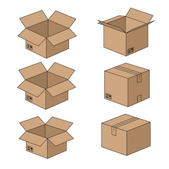 Fototapeta premium A collection of six brown cardboard boxes, three open and three closed, suitable for shipping or storage.