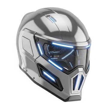 Futuristic silver motorcycle helmet with glowing blue led light strips