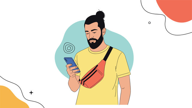Modern man with a stylish beard and hair bun checks messages on his smartphone while standing outdoors against a colorful background.