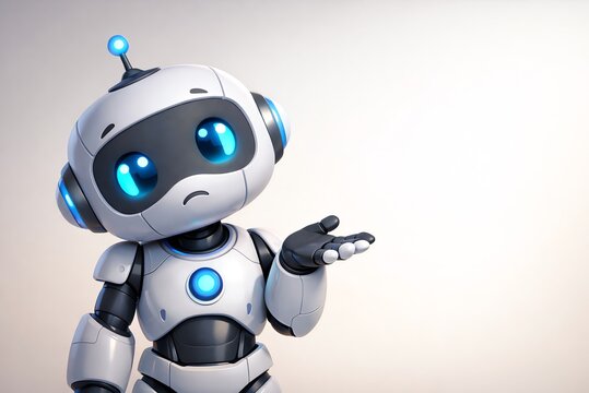 Cartoon robot tilting head with raised hand and puzzled expression, soft blinking eyes and gentle motion on minimal gradient background, curious technology concept