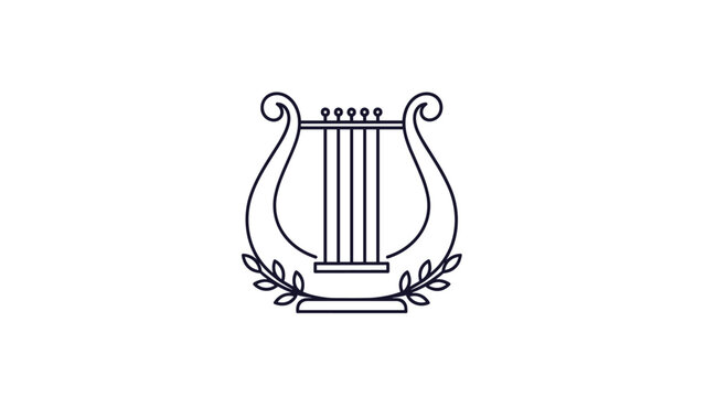 Elegant line art illustration of a classical lyre instrument surrounded by a laurel wreath symbolizing music and art.