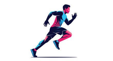 Obraz premium Dynamic illustration of an athletic man sprinting forward with intense speed and energy shown through vibrant blue and pink tones.