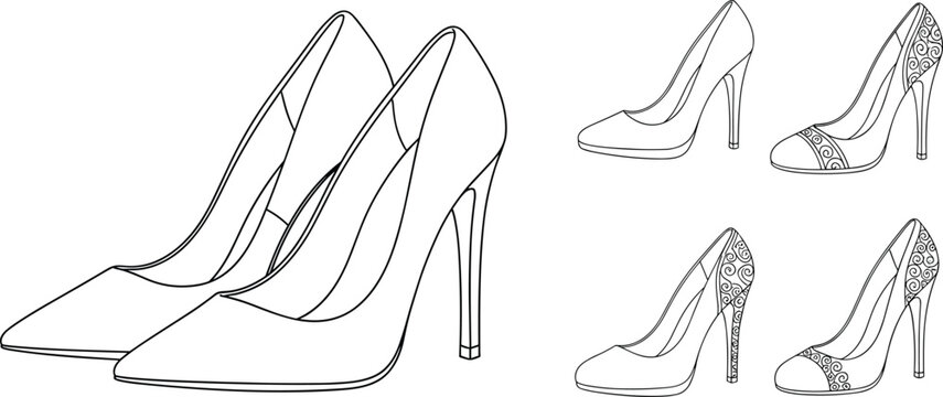 Elegant high heel shoes outline vector set with classic pumps and decorative stilettos fashion footwear illustration isolated for retail catalog and design use