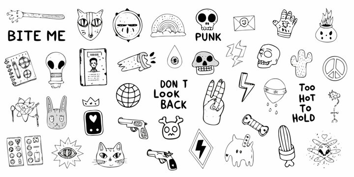 Collection of hand drawn doodles featuring skulls aliens and rebellious phrases