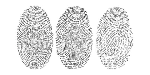 Three distinct fingerprint shapes composed entirely of handwritten text on a plain white background ©  Designer
