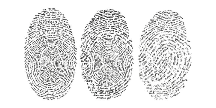 Three distinct fingerprint shapes composed entirely of handwritten text on a plain white background