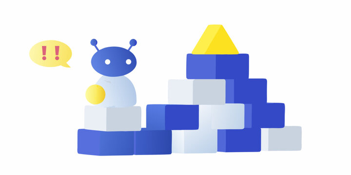 A blue robot character stands beside a tower of colorful building blocks